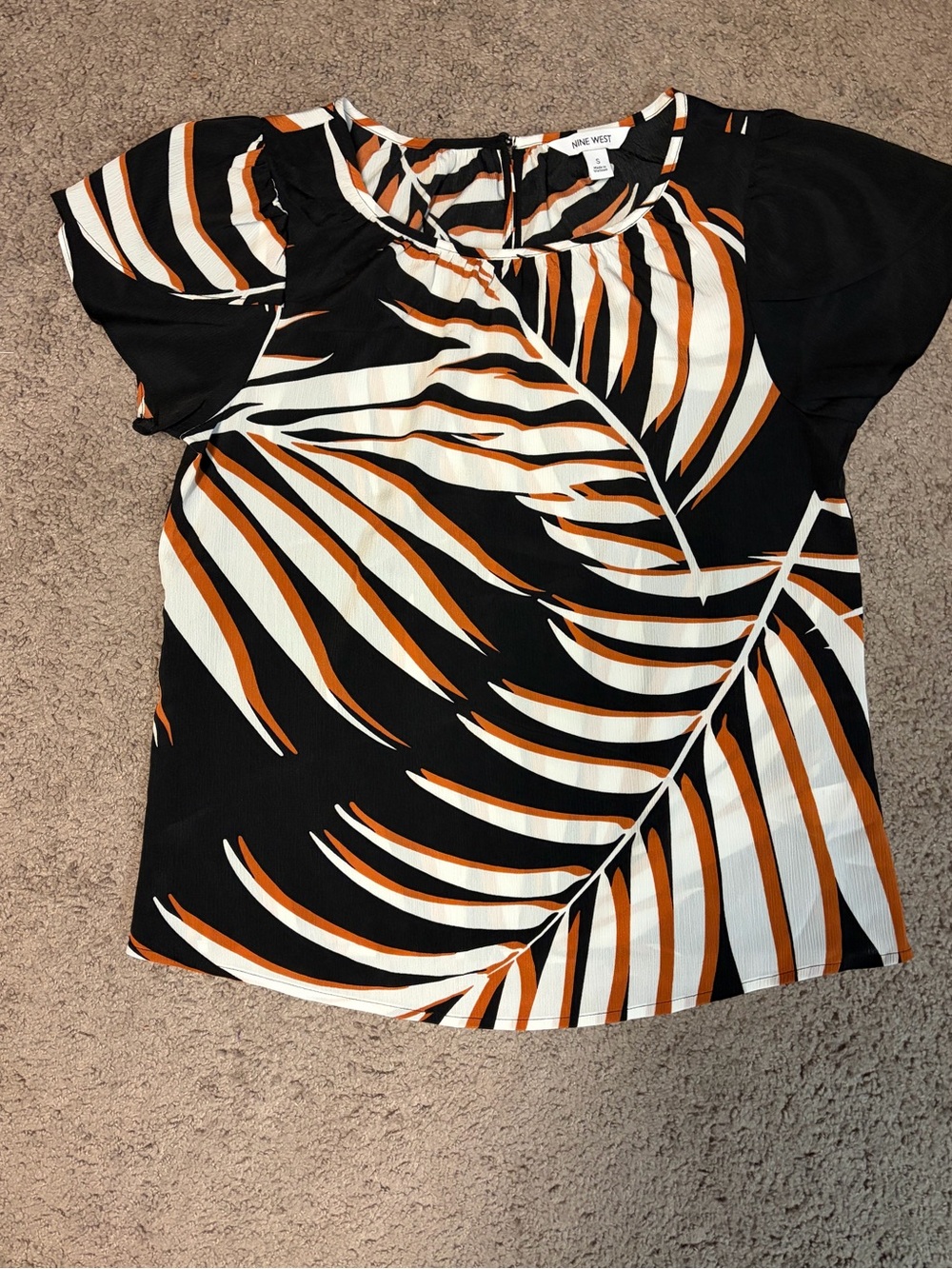 Nine West Black White and Brown Palm-Leaf Short Sleeve Blouse